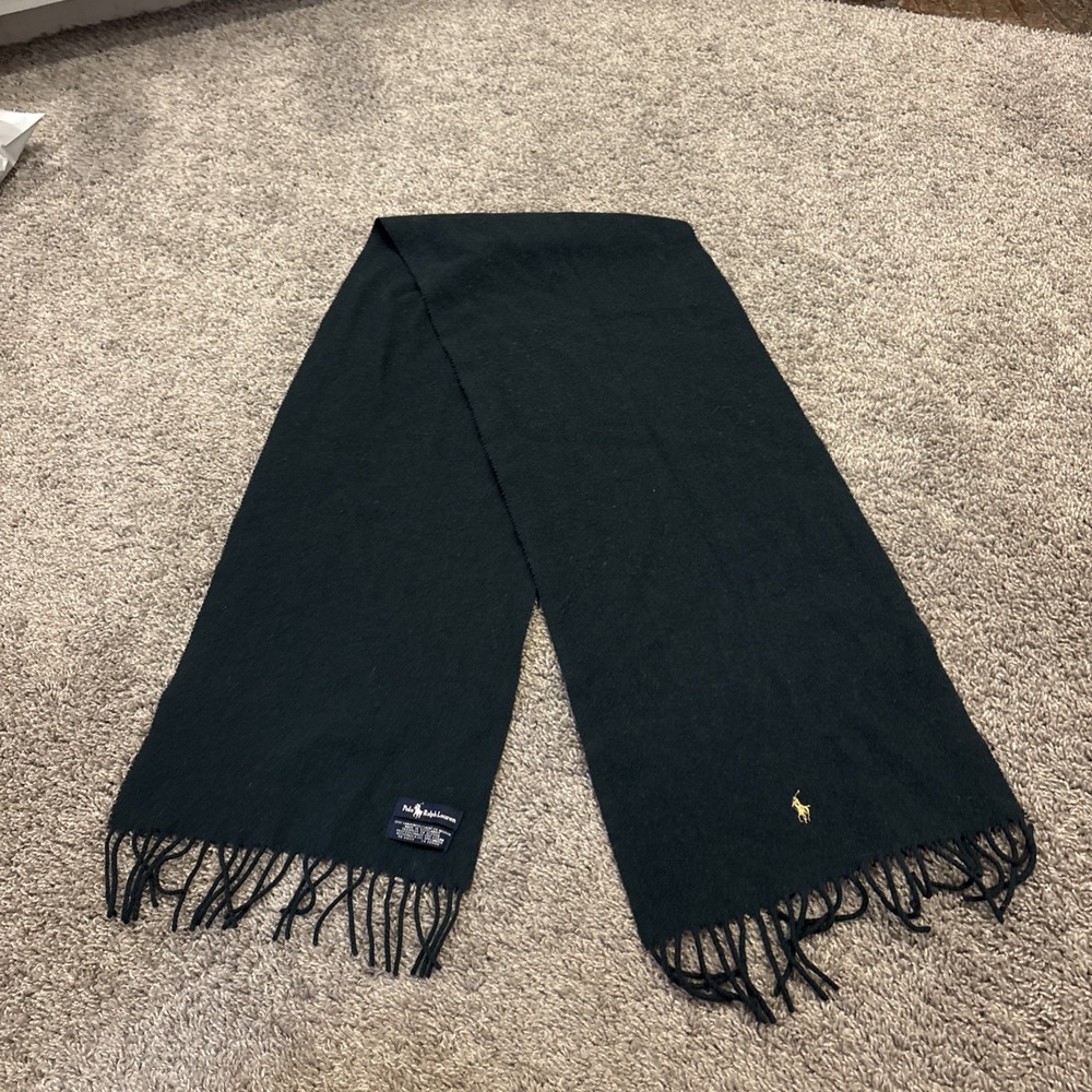 Vintage Polo Ralph Lauren Green Knit Scarf GOLDEN Pony Logo Fringe Lambswool